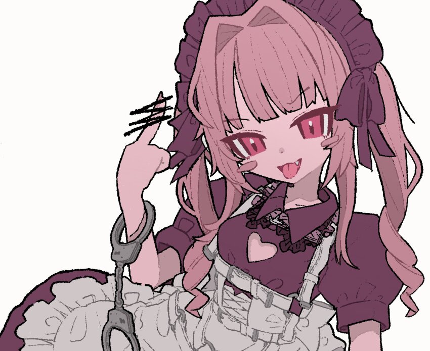 1girl black_dress blush_stickers chest_harness cleavage_cutout clothing_cutout cuffs dress fang frilled_headwear hair_intakes handcuffs harness hashtag-only_commentary heart_cutout highres looking_at_viewer maid_headdress makaino_ririmu makaino_ririmu_(5th_costume) mepuizumi middle_finger nijisanji pink_eyes pink_hair puffy_short_sleeves puffy_sleeves short_sleeves solo tongue tongue_out twintails virtual_youtuber white_background
