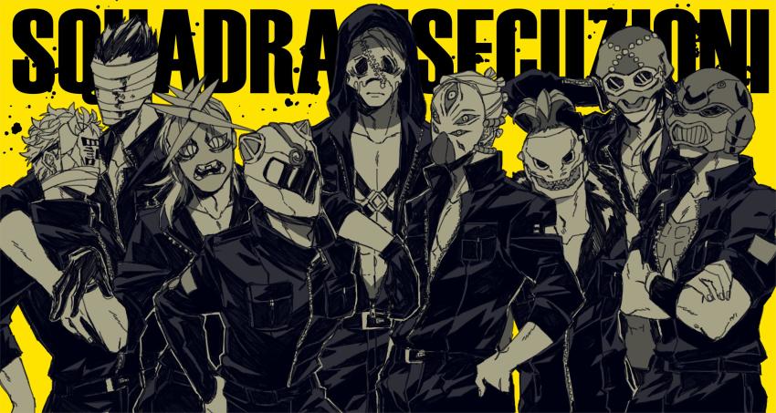 6+boys baby_face_(stand) beach_boy_(stand) biker_clothes eibm formaggio gelato_(jojo) ghiaccio helmet highres illuso jacket jojo_no_kimyou_na_bouken little_feat_(stand) male_focus man_in_the_mirror_(stand) mask mask_on_head melone metallica_(stand) monochrome mouth_mask multiple_boys pesci prosciutto risotto_nero sorbet_(jojo) stand_(jojo) team the_grateful_dead_(stand) vento_aureo white_album_(stand) yellow_background