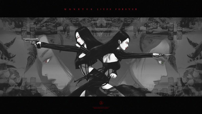 2girls black_hair closed_mouth commentary greyscale gun highres holding holding_gun holding_weapon irene_(red_velvet) k-pop letterboxed long_hair long_sleeves monochrome monster_(red_velvet) multiple_girls multiple_views profile real_life red_eyes red_velvet_(group) seulgi_(red_velvet) sin_daybreak weapon