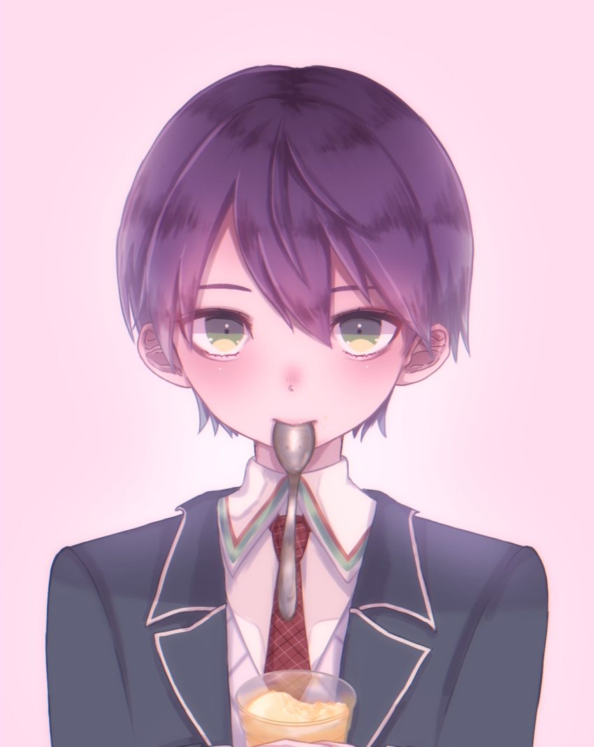 1boy collared_shirt food green_eyes hair_between_eyes highres jacket kenmochi_touya looking_at_viewer male_focus mi_oxo_9m necktie nijisanji pudding purple_hair red_necktie school_uniform shirt short_hair solo sweater utensil_in_mouth