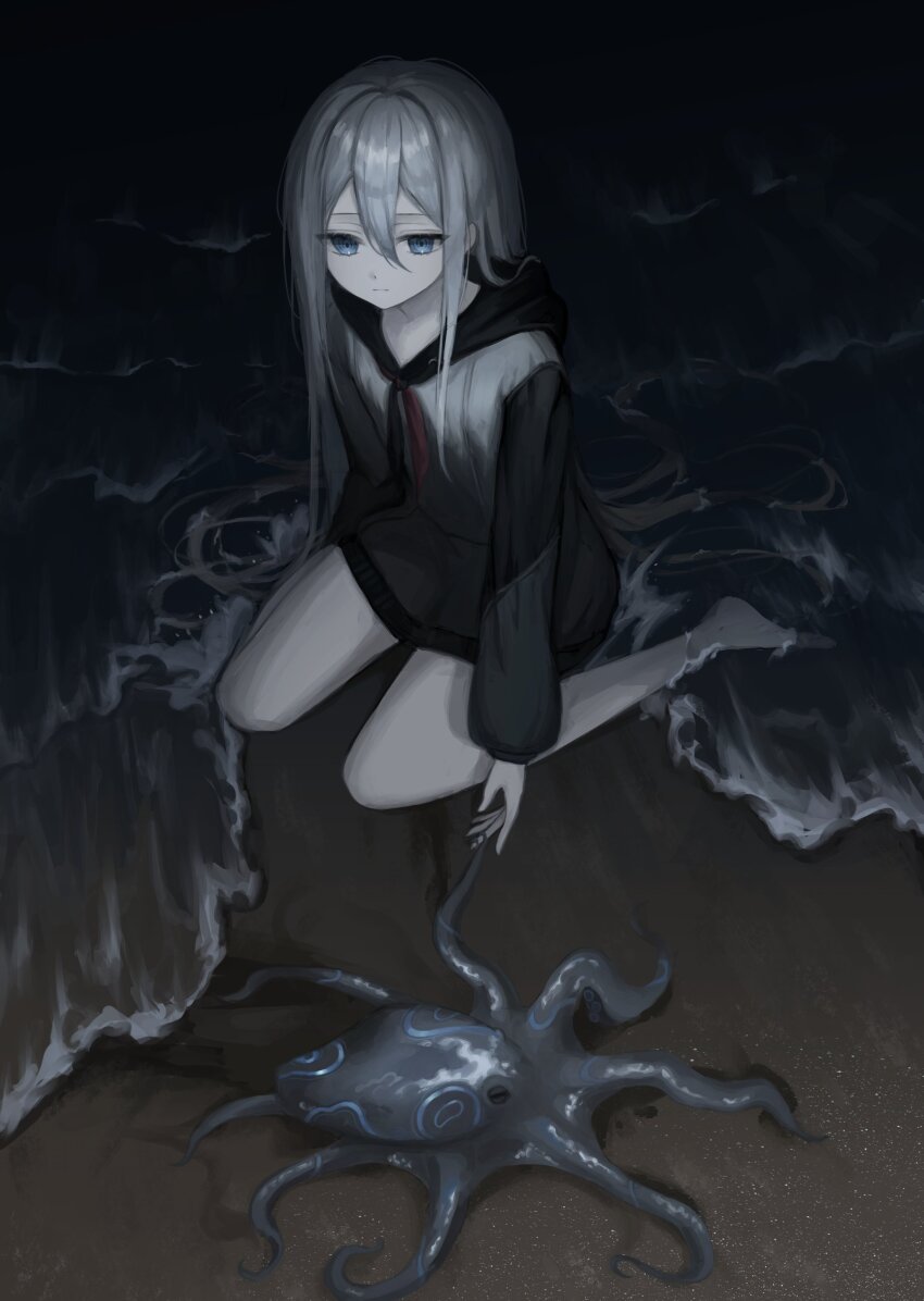 1girl absurdres bare_legs beach black_hoodie black_neckerchief blue_eyes collarbone dark expressionless full_body hair_between_eyes hashtag-only_commentary highres hood hoodie kkamkkam long_hair long_sleeves looking_at_animal neckerchief ocean octopus partially_submerged project_sekai red_neckerchief sand sidelocks sitting solo two-tone_hoodie two-tone_neckerchief wariza wet wet_hair white_hair white_hoodie yoisaki_kanade