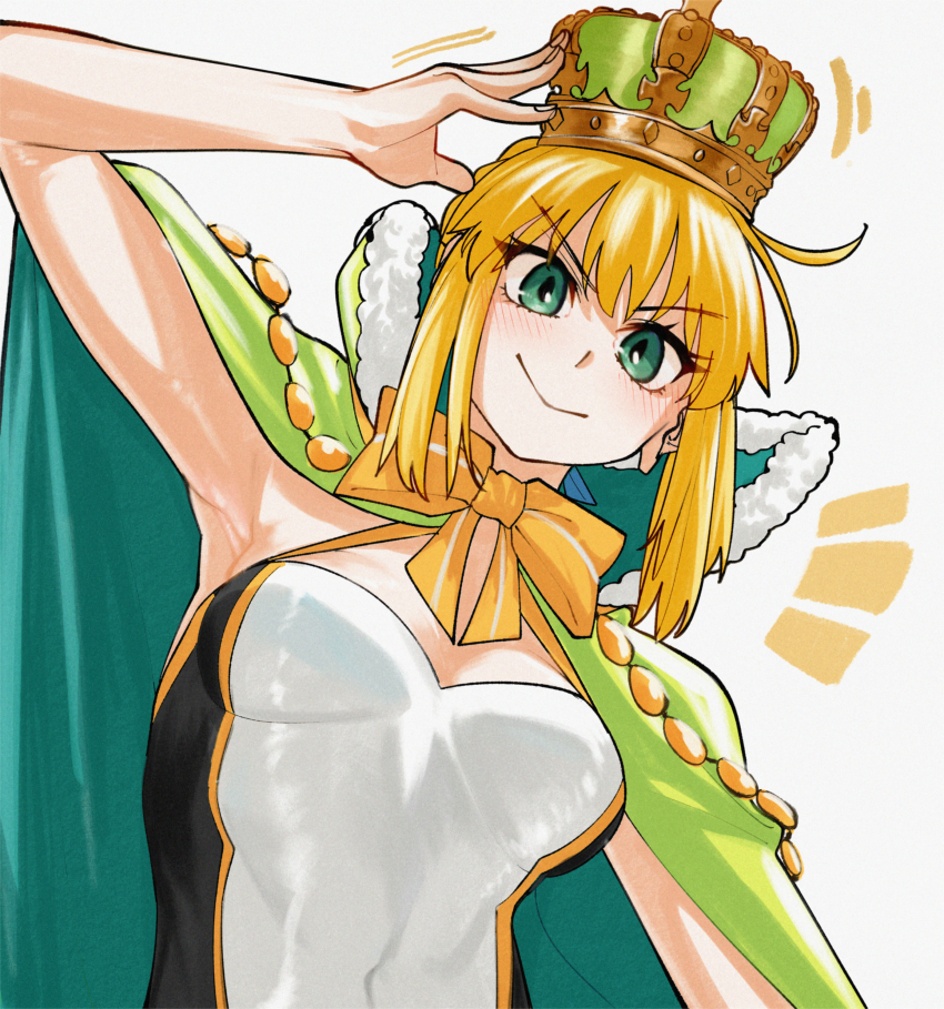 1girl :&gt; absurdres adjusting_clothes adjusting_headwear ahoge arm_at_side arm_up armpits artoria_pendragon_(fate) artoria_pendragon_(swimsuit_archer)_(fate) black_one-piece_swimsuit blonde_hair cape closed_mouth crown fate/grand_order fate_(series) fur-trimmed_cape fur_trim green_cape green_crown green_eyes highres kamisato_sora leaning_to_the_side light_blush looking_at_viewer multicolored_swimsuit neck_ribbon one-piece_swimsuit ribbon sidelocks simple_background smile solo swimsuit upper_body white_one-piece_swimsuit yellow_one-piece_swimsuit yellow_ribbon