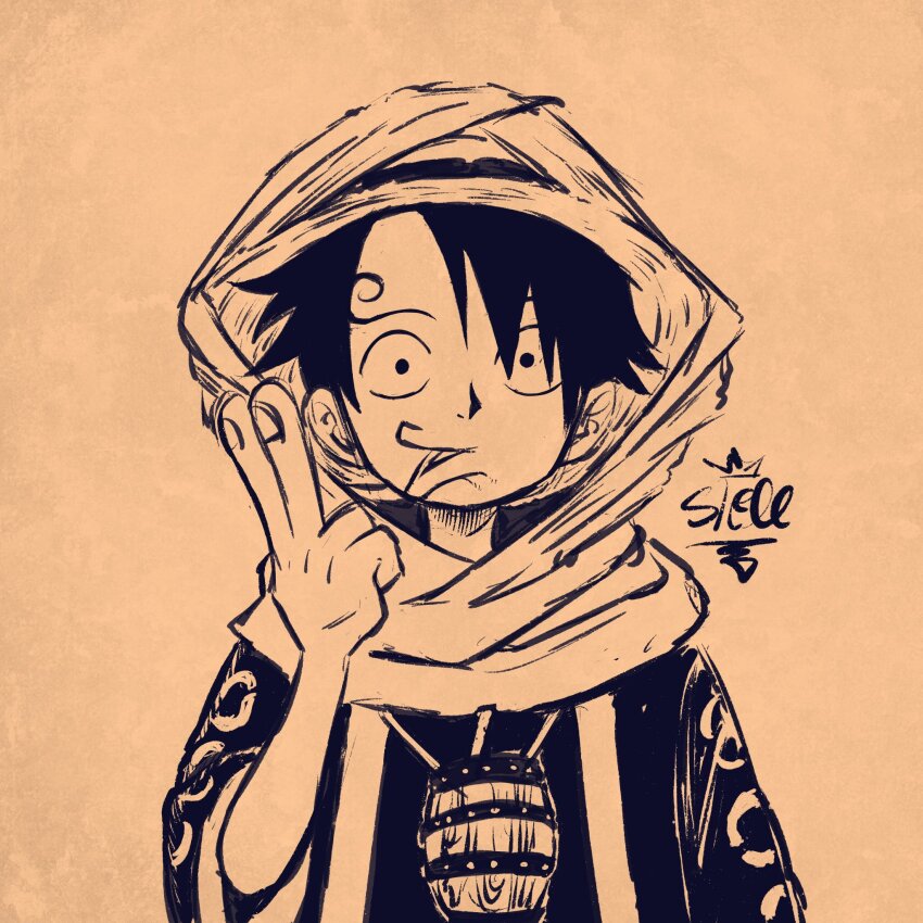 1boy cosplay curly_eyebrows hat highres looking_at_viewer male_focus monkey_d._luffy monochrome one_piece sanji_(one_piece) sanji_(one_piece)_(cosplay) sherumaru_(korcht06) short_hair signature simple_background straw_hat upper_body veil