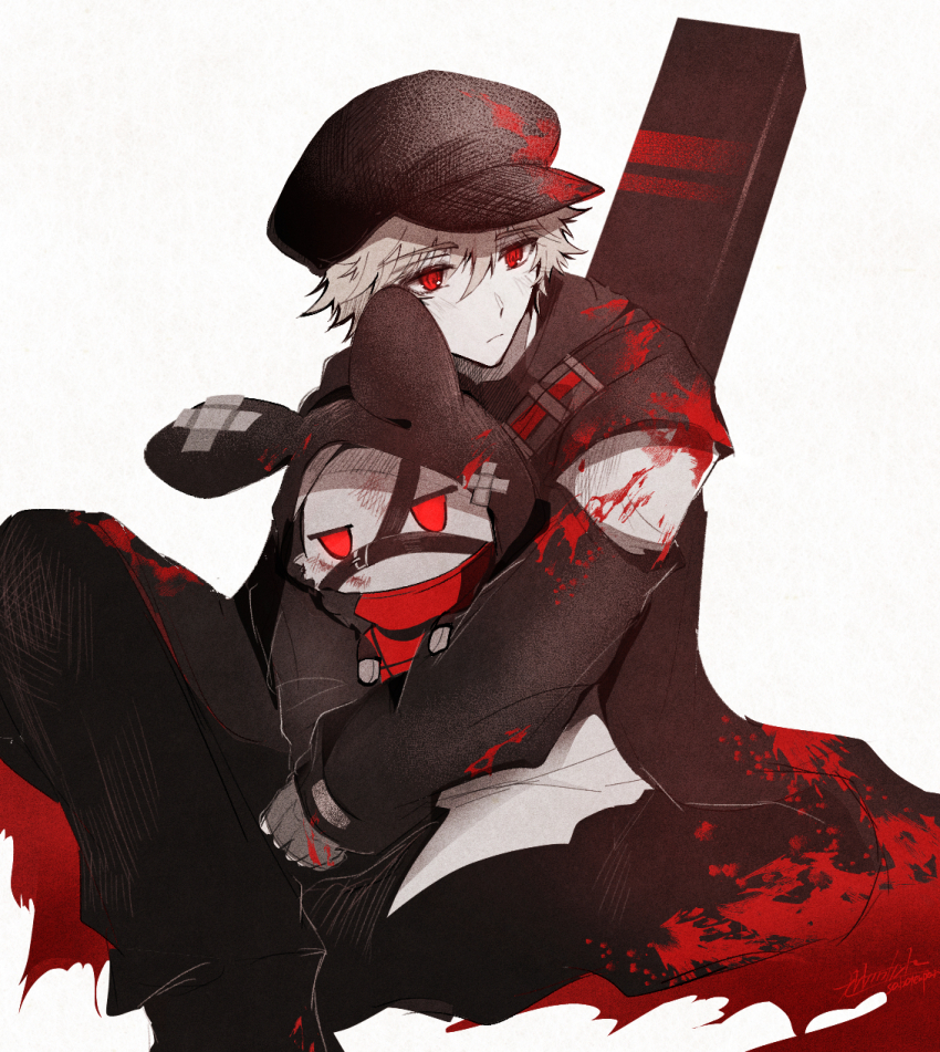 1boy arknights blood blood_on_clothes newsboy_cap fingerless_gloves gloves grey_background hair_between_eyes hat hateful_avenger_(arknights) highres hugging_object long_sleeves oonohara_kenya pants puffy_long_sleeves puffy_sleeves red_(npc)_(arknights) red_eyes signature simple_background sitting sleeves_past_wrists stuffed_animal stuffed_rabbit stuffed_toy