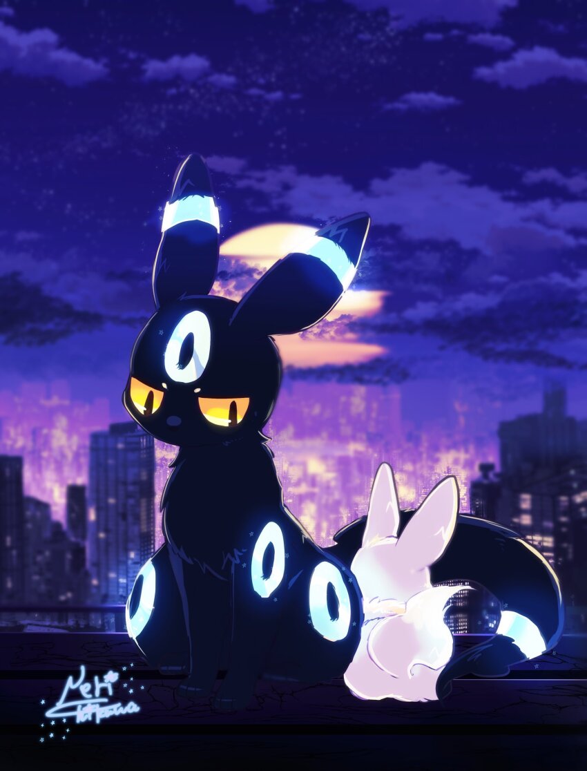 alternate_color animal_focus banchiku black_eyes city cloud colored_sclera commentary_request eevee gen_1_pokemon gen_2_pokemon glowing half-closed_eyes highres moon night nintendo no_humans outdoors pokemon pokemon_(creature) shiny_pokemon sitting umbreon yellow_sclera