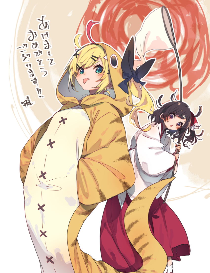 2girls :p absurdres ahoge allie_abel animal_costume aqua_eyes blonde_hair blush brown_hair butterfly_net chestnut_mouth chihaya_(clothing) commentary_request hair_through_hood hakama hakama_skirt hamayumiba_sou hand_net happy_new_year highres holding holding_butterfly_net japanese_clothes kosode lone_nape_hair long_hair long_sleeves looking_at_another looking_at_viewer majo_no_hanaya-san medium_hair miko multiple_girls new_year nukui_hayu ochikobore_fruit_tart purple_eyes red_hakama side_ponytail signature skirt tongue tongue_out translation_request v-shaped_eyebrows wide_sleeves