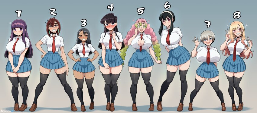 6+girls absurdres arms_behind_back ayase_momo between_breasts black_eyes black_hair black_thighhighs blonde_hair blue_eyes blue_skirt blunt_bangs blush bob_cut breasts brown_eyes brown_hair brown_shoes dandadan dark-skinned_female dark_skin double_v fern_(sousou_no_frieren) green_eyes green_hair grey_hair hair_ornament hairband hairclip hand_on_own_cheek hand_on_own_face hand_on_own_hip hand_up hands_on_own_hips highres huge_breasts ijiranaide_nagatoro-san kanroji_mitsuri kimetsu_no_yaiba kitagawa_marin kogeikun komi-san_wa_komyushou_desu komi_shouko large_breasts long_hair looking_at_viewer medium_breasts medium_hair multiple_girls nagatoro_hayase necktie numbered open_mouth own_hands_together parted_lips partially_unbuttoned pink_hair pleated_skirt purple_eyes purple_hair red_eyes red_necktie school_uniform shadow shirt shirt_tucked_in shoes short_hair short_sleeves sidelocks skirt smile sono_bisque_doll_wa_koi_wo_suru sousou_no_frieren spy_x_family sweatdrop thick_thighs thighhighs thighs uzaki-chan_wa_asobitai! uzaki_hana v waving white_hairband white_shirt yor_briar zettai_ryouiki