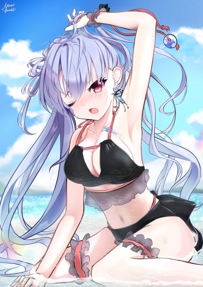1girl ;o absurdres alternate_costume arm_up armpits bare_shoulders bikini black_bikini black_bow blue_hair blue_sky blush bow breasts butterfly_earrings cleavage cloud collarbone commentary day earrings eyebrows_hidden_by_hair floating_hair foot_out_of_frame frilled_thigh_strap frilled_wrist_cuffs frills glint hair_between_eyes halterneck highres holding holding_own_hair jewelry large_breasts long_hair looking_at_viewer midriff miraikanai navel nose_blush ocean one_eye_closed open_mouth outdoors presenting_armpit red_eyes signature sitting sky solo sorakado_ao summer_pockets swimsuit thigh_strap thighs very_long_hair wariza wrist_cuffs