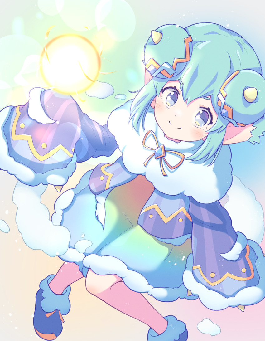 1girl aqua_hair arm_at_side arm_up blue_brooch blue_cardigan blue_shoes capelet cardigan closed_mouth cloud donut_hair_bun double_bun dress ear_tufts energy_ball foot_out_of_frame fur-trimmed_dress fur-trimmed_shoes fur-trimmed_sleeves fur_capelet fur_trim glowing gradient_background gradient_clothes gradient_dress hair_bun highres jazz_grace lidelle_(gallant)_(puyopuyo) lidelle_(puyopuyo) light_blush light_smile long_sidelocks long_sleeves looking_at_object looking_up multicolored_background multicolored_dress neck_ribbon object_floating_above_hand official_alternate_color official_alternate_costume on_cloud open_cardigan open_clothes orb pointy_ears purple_cardigan puyopuyo puyopuyo_quest ribbon shoes short_eyebrows sidelocks sitting sleeves_past_wrists solo split_mouth two-tone_cardigan white_capelet yellow_ribbon yellow_trim
