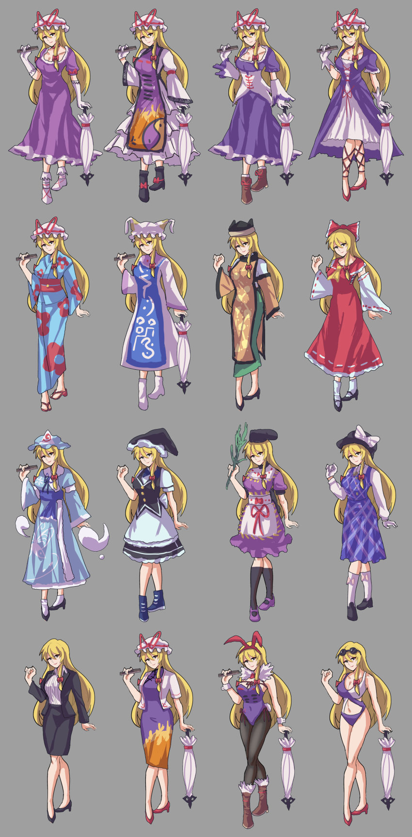 1girl absurdres animal_ears apron arong belt bikini black_dress black_footwear black_hat black_jacket black_pantyhose black_skirt black_sleeves blonde_hair blue_belt blue_bow blue_dress blue_footwear blue_kimono blue_neckwear blue_sleeves blue_vest boots bow bra brown_footwear brown_hat buttons cape closed_mouth collar cosplay detached_sleeves dress eyewear_on_head floral_print flower ghost glasses gloves green_skirt grey_background hair_between_eyes hair_bow hakurei_reimu hakurei_reimu_(cosplay) hand_fan hand_up hat hat_bow highres holding holding_fan jacket japanese_clothes kimono kirisame_marisa kirisame_marisa_(cosplay) leotard long_hair long_sleeves looking_at_viewer matara_okina matara_okina_(cosplay) mob_cap nishida_satono nishida_satono_(cosplay) orange_cape orange_sleeves panties pantyhose pink_bow pink_hat plant playboy_bunny puffy_short_sleeves puffy_sleeves purple_bikini purple_bra purple_dress purple_eyes purple_footwear purple_panties purple_sleeves purple_vest rabbit_ears rabbit_tail red_belt red_bow red_dress red_flower red_footwear saigyouji_yuyuko saigyouji_yuyuko_(cosplay) shirt shoes short_sleeves simple_background skirt slippers smile socks solo standing sun_symbol sunglasses swimsuit tail tanabata touhou umbrella underwear usami_sumireko usami_sumireko_(cosplay) vest white_apron white_bow white_bra white_collar white_dress white_flower white_footwear white_gloves white_hat white_jacket white_shirt white_sleeves white_socks wide_sleeves witch_hat yakumo_ran yakumo_ran_(cosplay) yakumo_yukari yellow_neckwear