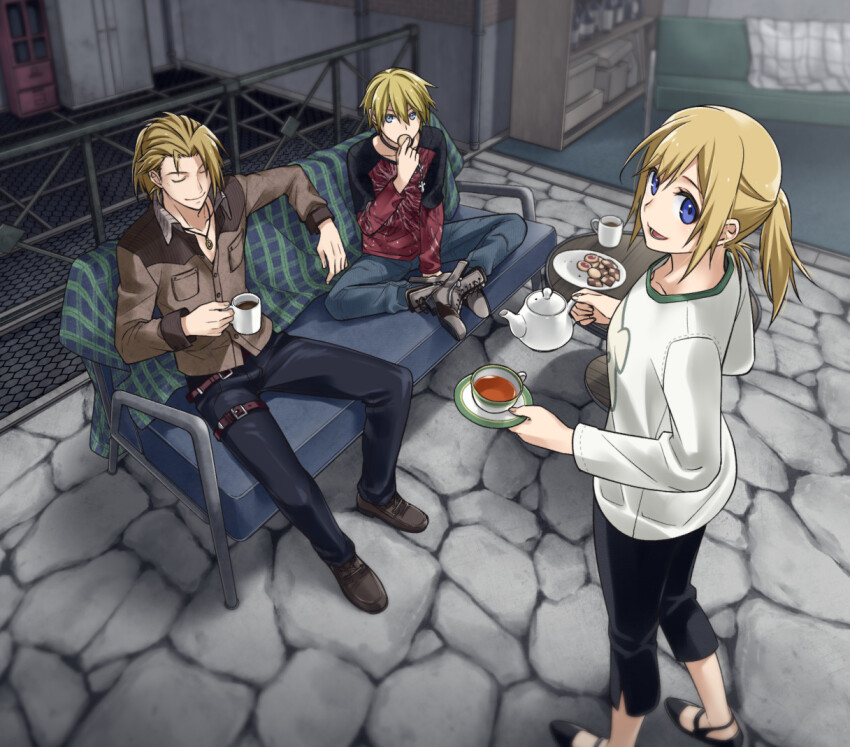 1girl 2boys black_pants blonde_hair blue_eyes botamochi_usagi closed_eyes coffee commentary_request cookie couch cup denim eating end_of_eternity food from_above full_body holding holding_cup holding_teapot indoors jeans knees_apart_feet_together long_hair looking_at_another looking_at_viewer multiple_boys pants ponytail reanbell shirt short_hair sitting smile standing stone_floor table tea teapot thigh_strap vashyron white_shirt zephyr_(end_of_eternity)