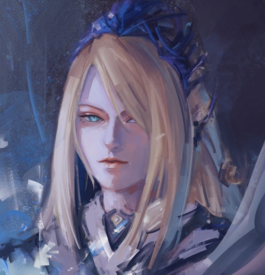 1girl blue_eyes blue_skin colored_skin crown earrings elf final_fantasy final_fantasy_xvi glowing glowing_eyes hair_ornament hair_over_eyes highres jewelry jill_warrick looking_at_viewer pointy_ears shiva_(final_fantasy) simple_background slit_pupils solo wibble_w