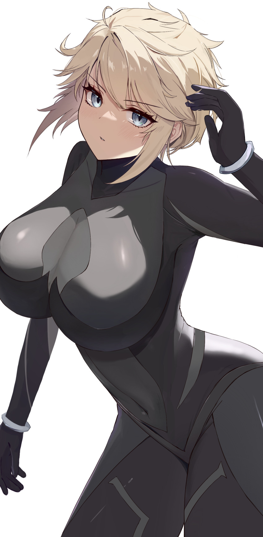 1girl absurdres alina_novikov black_bodysuit blue_eyes bodysuit breasts commission covered_collarbone covered_navel highres impossible_clothes large_breasts short_hair simple_background skin_tight solo standing tatakau_ni_atai_suru tumugi_sunohara white_background
