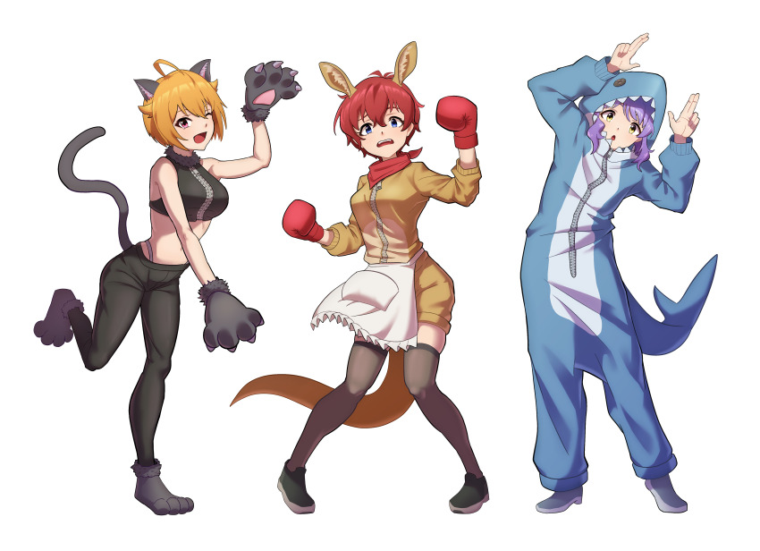 3girls absurdres ahoge animal_costume animal_ear_fluff animal_ears animal_hands animal_hood black_footwear black_gloves black_pants black_thighhighs blonde_hair blue_eyes boxing_gloves cat_ears cat_tail commentary_request cosplay crop_top fake_animal_ears fake_tail fins fish_tail full_body fur-trimmed_footwear fur-trimmed_gloves fur-trimmed_shirt fur_trim gloves grey_footwear hair_between_eyes hair_flaps hands_up highres hood ibuki_tsubasa idolmaster idolmaster_million_live! jonero99 julia_(idolmaster) kangaroo_costume kangaroo_ears kangaroo_tail kigurumi long_sleeves looking_at_viewer makabe_mizuki multiple_girls one_eye_closed pants paw_gloves paw_shoes pink_eyes purple_hair red_gloves red_hair shark_costume shark_hood shark_tail shirt short_hair sidelocks standing standing_on_one_leg tail thighhighs wavy_hair white_background yellow_eyes zipper zipper_pull_tab