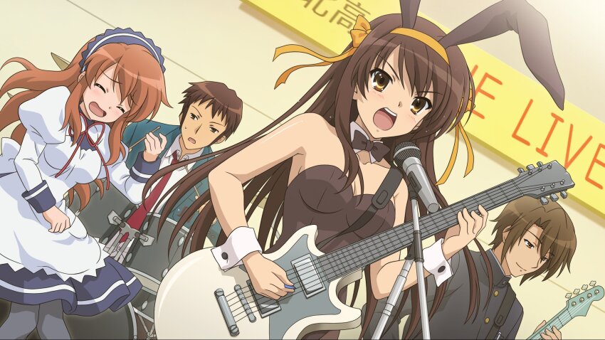 2boys 2girls animal_ear_hairband animal_ears asahina_mikuru black_bow black_bowtie black_leotard bow bowtie brown_eyes brown_hair closed_eyes detached_collar drum drum_set dutch_angle fake_animal_ears gakuran game_cg guitar hairband highres instrument kita_high_school_uniform koizumi_itsuki kouyouen_academy_school_uniform kyon leotard long_hair maid multiple_boys multiple_girls necktie official_art open_mouth playboy_bunny rabbit_ears red_necktie school_uniform strapless strapless_leotard suzumiya_haruhi suzumiya_haruhi_no_shoushitsu suzumiya_haruhi_no_tsuisou suzumiya_haruhi_no_yuuutsu teeth third-party_source upper_teeth_only wrist_cuffs