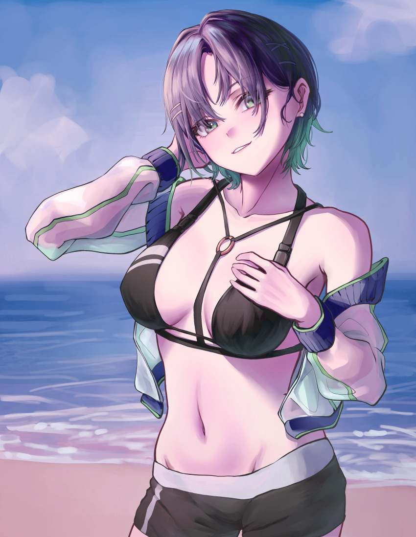 1girl absurdres ahoge aqua_hair asakura_toru bare_shoulders beach between_breasts bikini bikini_shorts black_bikini black_shorts blue_eyes blue_sky breasts chinese_commentary cleavage cloud collarbone colored_tips commentary_request cowboy_shot cropped_jacket earrings gradient_hair groin hair_between_eyes hair_ornament hairclip hand_up head_tilt highres idolmaster idolmaster_shiny_colors jacket jewelry large_breasts long_sleeves looking_at_viewer lowleg lowleg_shorts midriff multicolored_hair navel ocean off_shoulder open_clothes open_jacket outdoors parted_bangs parted_lips poanpan purple_hair see-through_clothes see-through_jacket short_hair short_shorts shorts sidelocks sky smile solo standing strap_between_breasts swimsuit x_hair_ornament