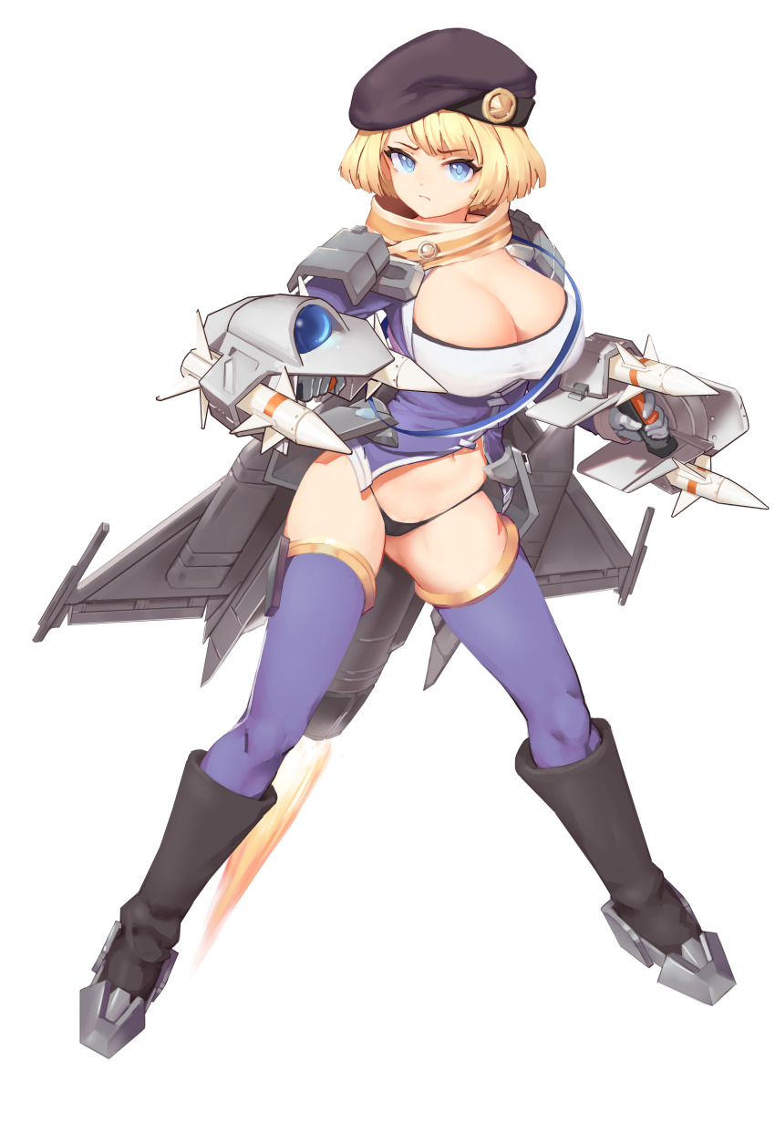 1girl absurdres asymmetrical_bangs bad_id bad_pixiv_id beret blue_thighhighs boots breasts cleavage female_focus full_body greentree griffon_(last_origin) hat highres large_breasts last_origin looking_at_viewer rocket rocket_launcher short_hair simple_background solo thighhighs weapon white_background