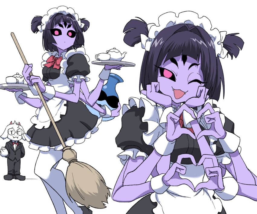 1boy 1girl apron arthropod_girl asriel_dreemurr black_dress broom colored_skin dress extra_arms extra_eyes fang frilled_dress frills furry furry_male goat_boy highres holding holding_broom holding_plate insect_girl looking_at_viewer maid maid_apron maid_headdress muffet nasu_(ilo_a5) open_mouth plate purple_skin red_eyes smile spider_girl undertale