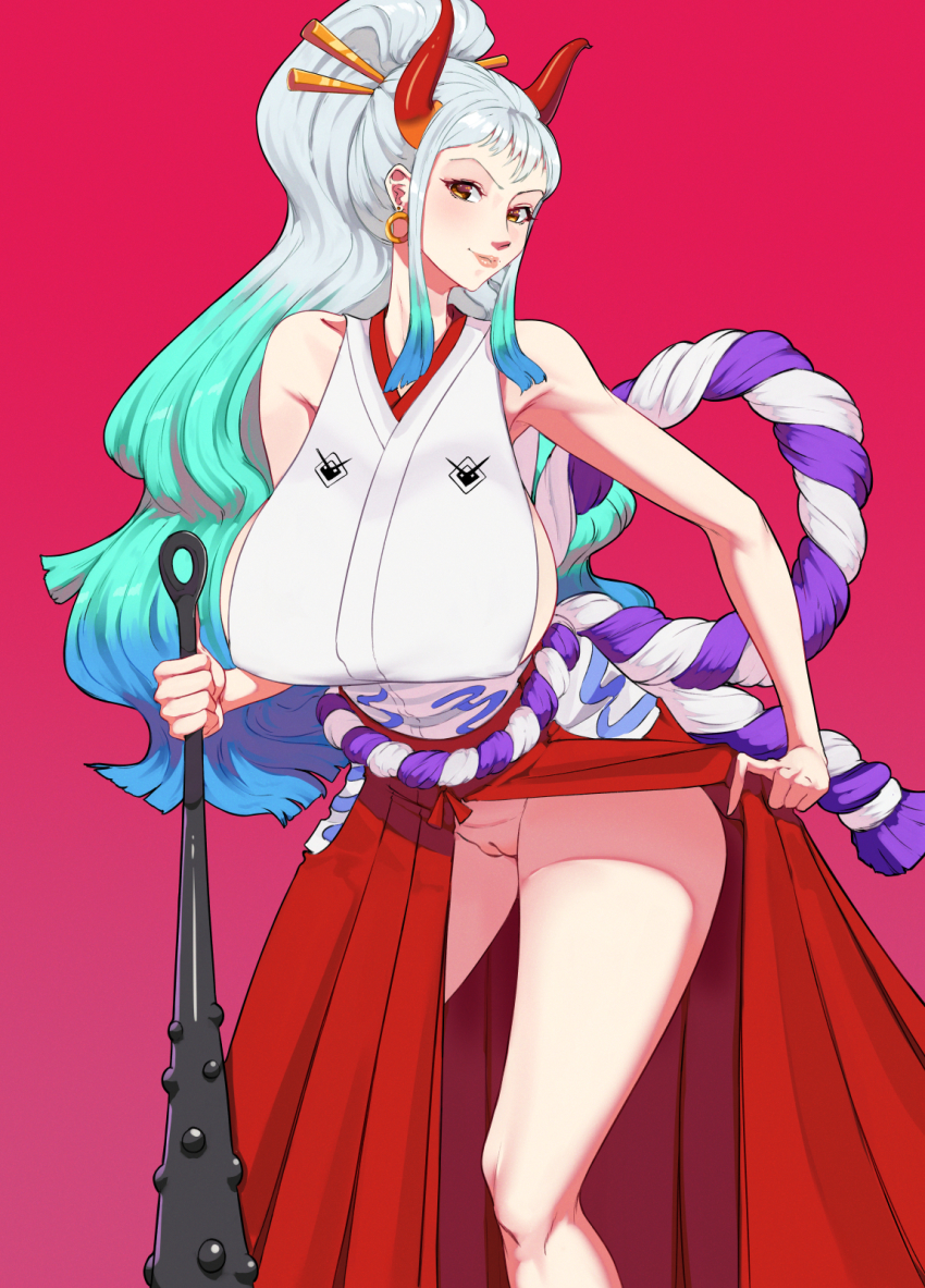 1girl bare_shoulders blue_hair breasts brown_eyes cleft_of_venus closed_mouth clothes_lift club cowboy_shot gradient_hair green_hair hard.d highres horns huge_breasts japanese_clothes long_hair magenta_background multicolored_hair one_piece oni_horns pussy silver_hair simple_background skirt skirt_lift sleeveless solo spiked_club standing uncensored weapon yamato_(one_piece)