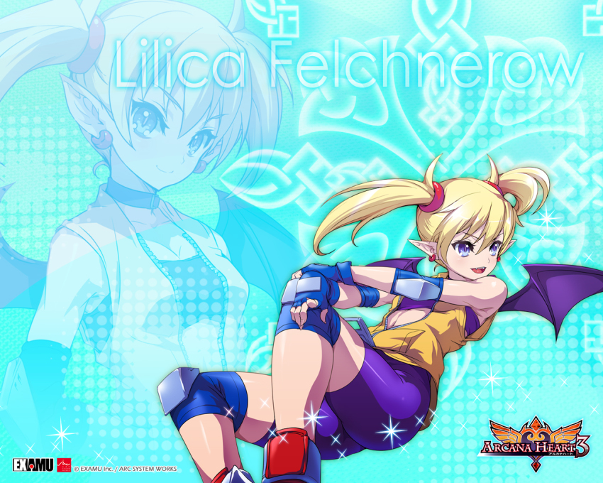 1girl ahoge akaga_hirotaka arcana_heart arcana_heart_3 bike_shorts blonde_hair blue_background blue_eyes character_name copyright_name demon_wings dual_persona earrings elbow_pads fangs fingerless_gloves gloves hair_ornament halftone halftone_background jewelry lilica_felchenerow official_art official_wallpaper pointy_ears short_twintails spandex twintails wings zipper