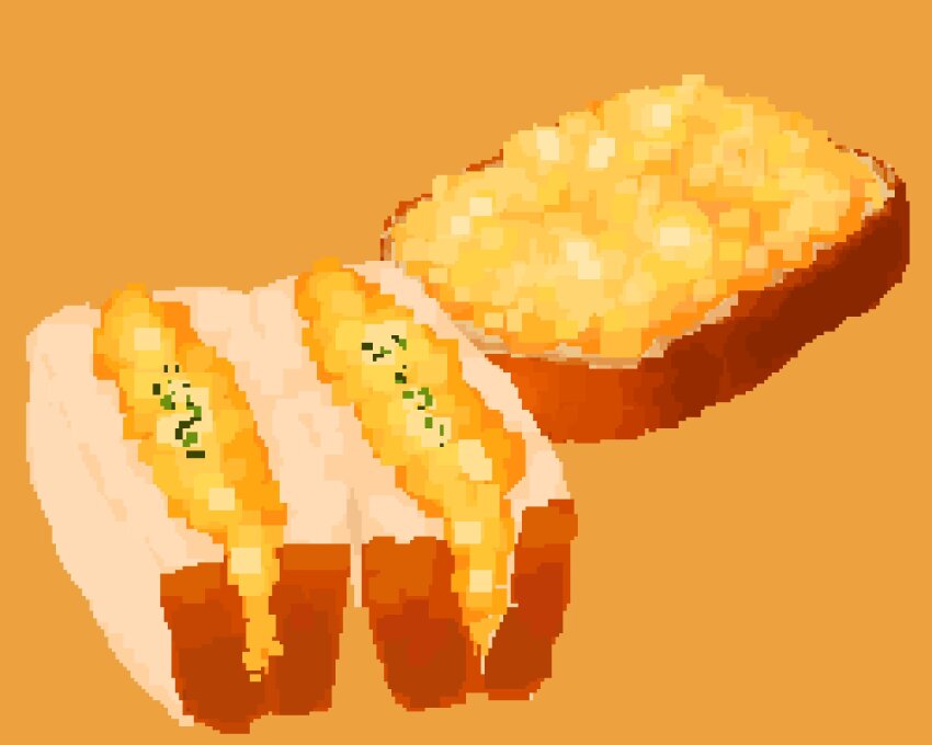 bread bread_slice food garnish highres hisachan55cute no_humans omelet omurice original pixel_art scenery scrambled_egg simple_background toast yellow_background yellow_theme