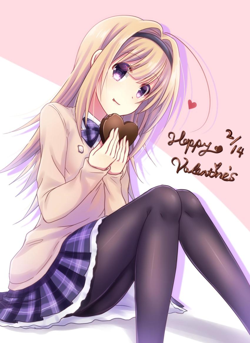1girl black_hairband black_pantyhose blazer blonde_hair blue_neckwear blue_skirt bow bowtie candy chaos;head chocolate chocolate_heart closed_mouth food hair_between_eyes hair_intakes hairband happy_valentine heart highres holding holding_food jacket long_hair long_sleeves miniskirt nishijou_myu nishijou_nanami pantyhose pink_background plaid_bow plaid_bowtie plaid_clothes plaid_neckwear plaid_skirt pleated_skirt purple_eyes school_uniform shiny_clothes shiny_legwear skirt smile solo tongue tongue_out two-tone_background valentine white_background