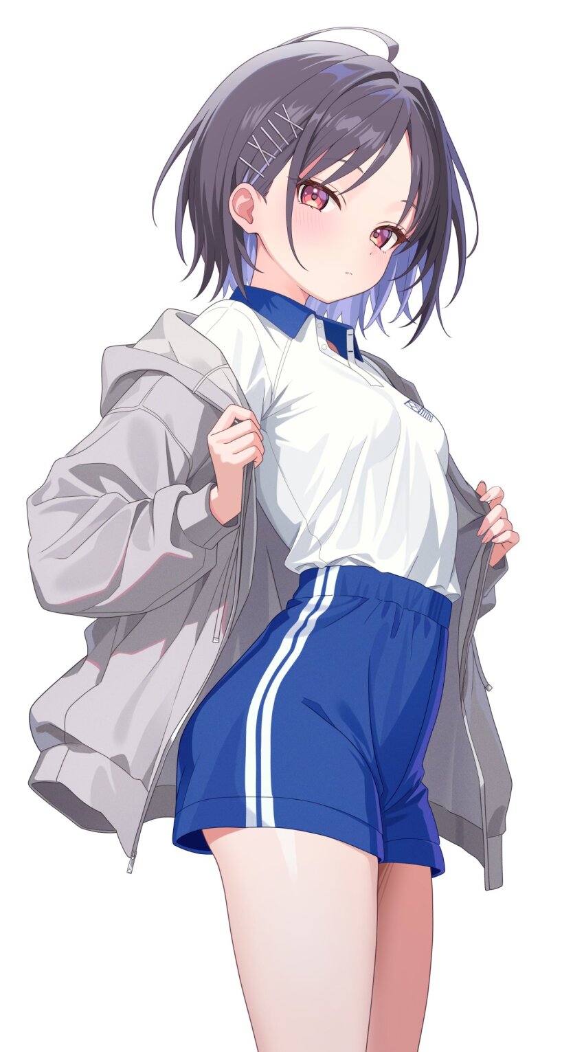 1girl black_hair blue_hair blue_shorts blush breasts closed_mouth colored_inner_hair commentary_request gakuen_idolmaster grey_jacket gym_shirt gym_shorts hair_ornament high-waist_shorts highres idolmaster jacket kitano_yukito long_sleeves looking_at_viewer mashiro_yu multicolored_hair open_clothes open_jacket puffy_long_sleeves puffy_sleeves red_eyes shirt short_hair short_shorts shorts simple_background small_breasts solo thighs white_background white_shirt x_hair_ornament