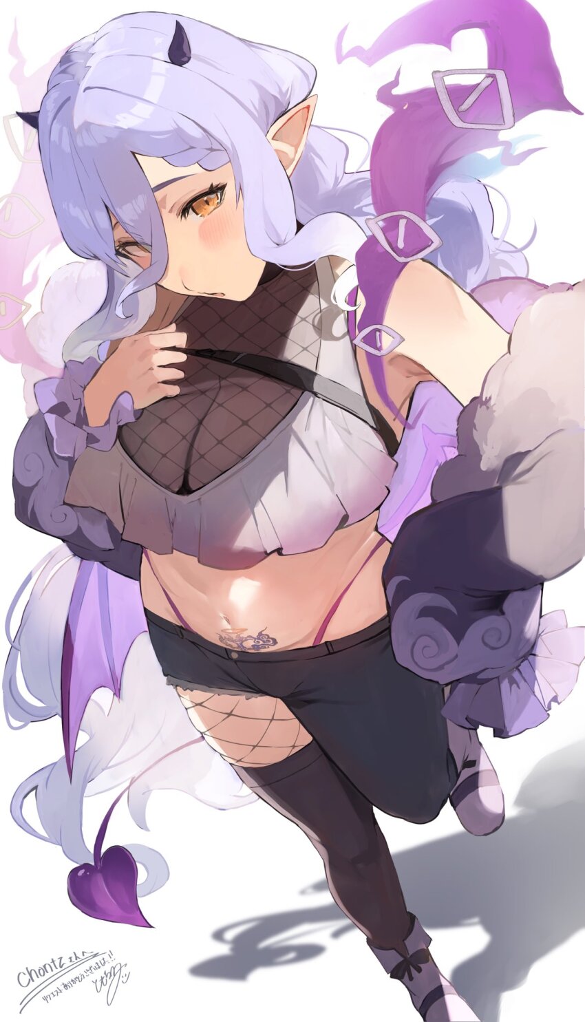 1girl breasts cleavage commentary_request demon_girl demon_horns demon_tail fishnets highres horns jacket large_breasts long_hair looking_at_viewer original panty_straps pointy_ears pubic_tattoo purple_hair see-through_cleavage see-through_clothes solo standing tail tattoo tomochi_(tmc_tmc8) white_background yellow_eyes