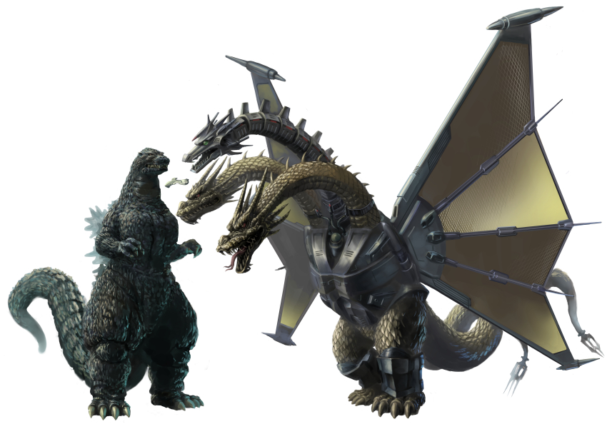 absurdres aircraft armor conjoined cyborg dinosaur dragon forked_tongue godzilla godzilla_(series) godzilla_vs._king_ghidorah green_eyes highres hydra kaiju kids_(godzilla) king_ghidorah mecha mecha-king_ghidorah multiple_heads multiple_tails parasite_aircraft polearm prosthesis prosthetic_head red_eyes robot simple_background solar_panel_wings tail time_machine toho tongue tongue_out trident trident_tail ultra-taf weapon white_background wings