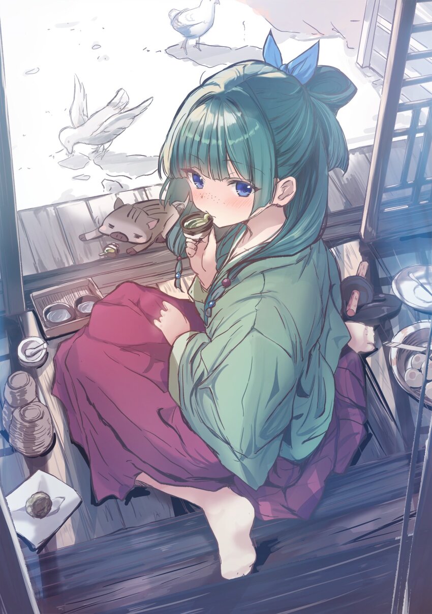 1girl architecture barefoot bird blue_eyes blush bow bow-shaped_hair cup cutlass_(classic_chocolate) drinking east_asian_architecture freckles from_side full_body green_hair green_shirt hair_bow highres holding holding_cup kusuriya_no_hitorigoto looking_at_viewer maomao_(kusuriya_no_hitorigoto) on_floor pig red_skirt shirt sitting skirt solo wariza