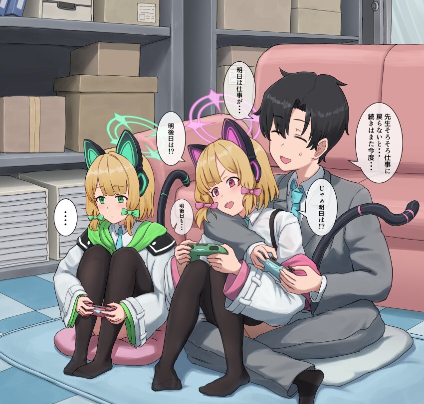 1boy 2girls absurdres aisumegane animal_ear_headphones animal_ears black_hair black_thighhighs blonde_hair blue_archive blue_necktie blush bow cat_ear_headphones cat_tail controller cradling_head fake_animal_ears fake_tail formal_clothes game_controller green_bow green_halo grey_pants grey_suit hair_bow halo headphones highres holding holding_controller holding_game_controller hug jacket long_sleeves mechanical_tail midori_(blue_archive) momoi_(blue_archive) multicolored_jacket multiple_girls necktie open_mouth pants pink_bow pink_halo pink_jacket sensei_(blue_archive) sensei_(blue_archive_the_animation) shirt short_hair siblings sitting sitting_on_lap sitting_on_person suit tail thighhighs translation_request twins two-tone_jacket white_jacket white_shirt