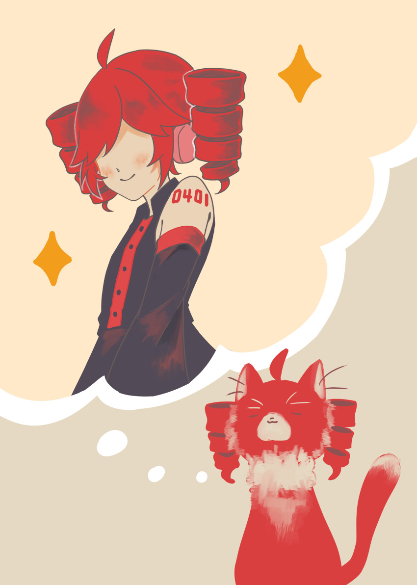 1girl absurdres ahoge animalization bare_shoulders black_shirt black_sleeves buttons cat closed_eyes closed_mouth detached_sleeves drill_hair highres kasane_teto kasane_teto_(utau) no_eyes person_and_animalization red_cat red_hair senri_(hrydy_o) shirt sleeveless sleeveless_shirt smile sparkle speech_bubble tail_raised thought_bubble twin_drills upper_body utau