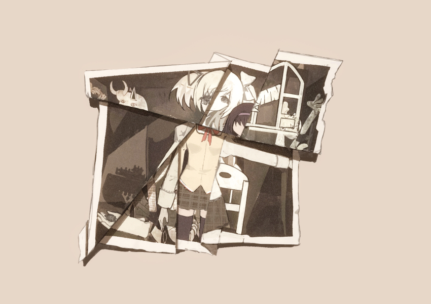 2girls absurdres akemi_homura black_hair black_thighhighs bow bowtie brown_background chair chinese_commentary closed_mouth commentary_request cowboy_shot dot_mouth dot_nose dual_persona facing_viewer gloves grey_hair grey_skirt hair_bow hair_ribbon hairband highres juliet_sleeves kaname_madoka long_hair long_sleeves mahou_shoujo_madoka_magica mahou_shoujo_madoka_magica:_hangyaku_no_monogatari mitakihara_school_uniform multiple_girls no_eyes no_mouth open_window photo_(object) plaid_clothes plaid_skirt puffy_sleeves purple_hairband reaching red_bow red_bowtie ribbon school_uniform simple_background skirt smile soul_gem standing tape thighhighs ultimate_madoka white_gloves window yayaziiii