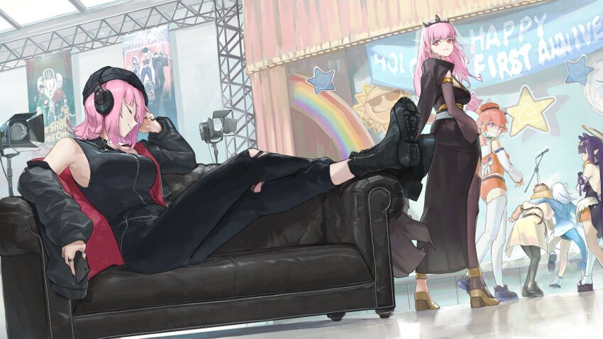 5girls 6+girls animal_hood black_nightgown black_tiara dahaidan feathers fins fish_tail gawr_gura highres hololive hololive_english holomyth hood mori_calliope mori_calliope_(1st_costume) mori_calliope_(the_story_thus_far) multiple_girls nightgown ninomae_ina&#039;nis orange_hair pink_eyes pink_hair scythe shark_girl shark_hood shark_tail shoe_soles shoulder_spikes skull_choker spiked_cape spikes tail takanashi_kiara tiara veil virtual_youtuber watson_amelia