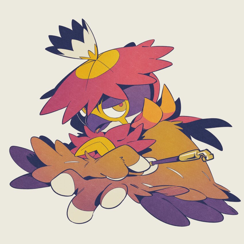 absurdres bird commentary_request half-closed_eyes highres hisuian_decidueye holding looking_to_the_side nintendo no_humans open_mouth pkpokopoko3 pokemon pokemon_(creature) red_pupils simple_background solo yellow_eyes
