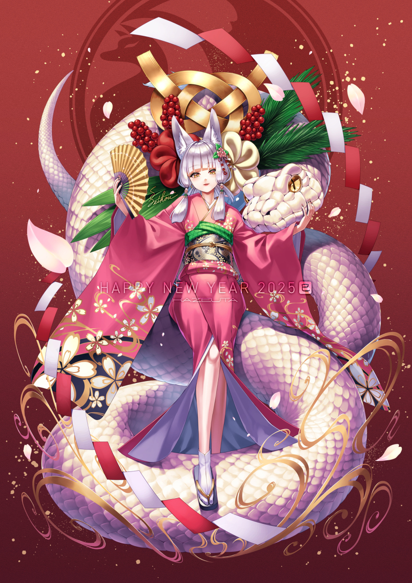 1girl 2025 animal_ear_fluff animal_ears chinese_zodiac colored_sclera fox_ears fox_girl full_body geta hand_fan happy_new_year highres holding holding_fan japanese_clothes kazuki_seihou kimono new_year okobo original ouka_(kazuki_seihou) pink_kimono platform_sandals sandals snake tabi white_hair white_snake wide_sleeves year_of_the_snake yellow_sclera