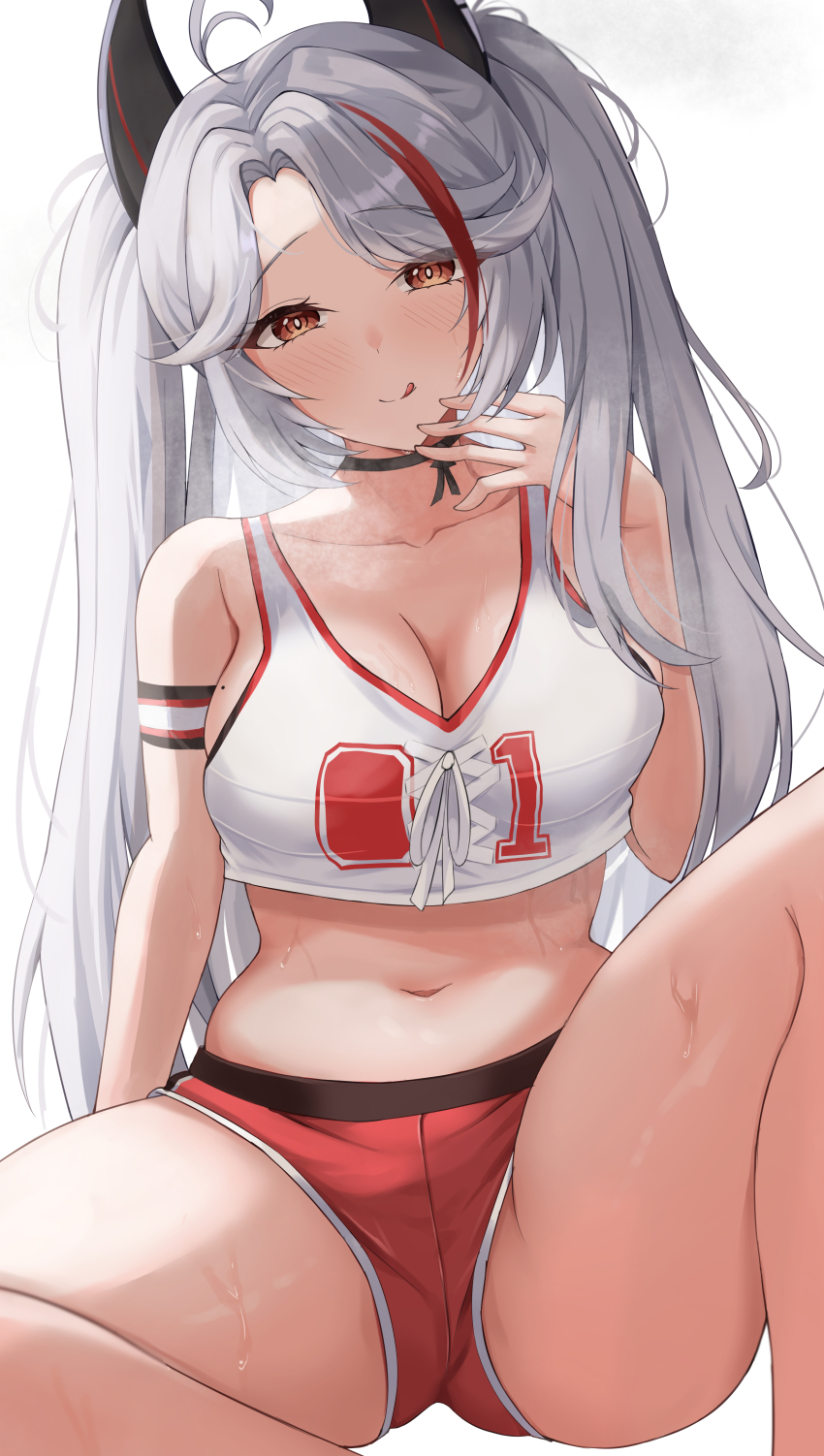 1girl :q absurdres arm_behind_back azur_lane bare_shoulders blush breasts cleavage cropped_shirt hair_over_one_eye hand_up highres knee_up kuon_(kuon) large_breasts legs_folded long_hair looking_at_viewer medium_breasts midriff multicolored_hair navel orange_eyes prinz_eugen_(azur_lane) prinz_eugen_(brilliant_touchdown)_(azur_lane) red_hair red_shorts short_shorts shorts sitting smile solo spread_legs stomach streaked_hair tank_top thighs tongue tongue_out two-tone_hair two_side_up very_long_hair white_hair white_tank_top