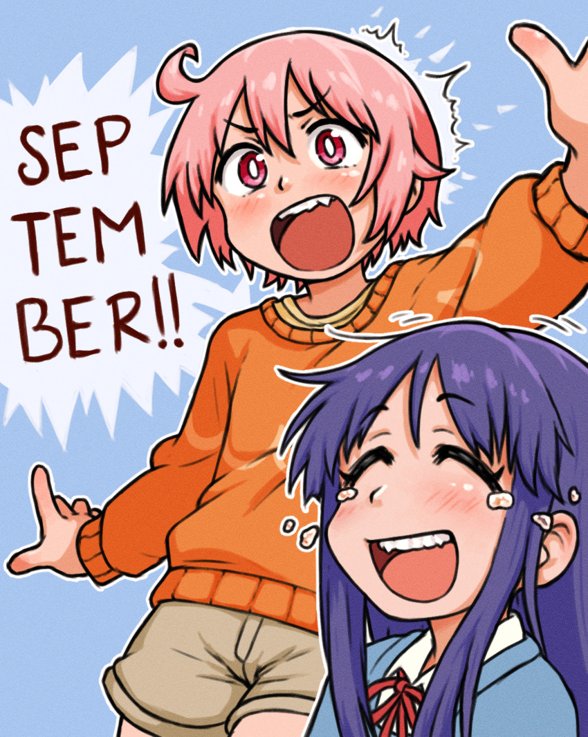 2girls absurdres ahoge arm_up beachepisode blue_background brown_shorts closed_eyes english_text fang hair_between_eyes highres hinata_yukari laughing multiple_girls nonohara_yuzuko open_mouth orange_sweater pink_eyes pink_hair september short_hair shorts shouting speech_bubble sweater teeth upper_body upper_teeth_only v-shaped_eyebrows yuyushiki