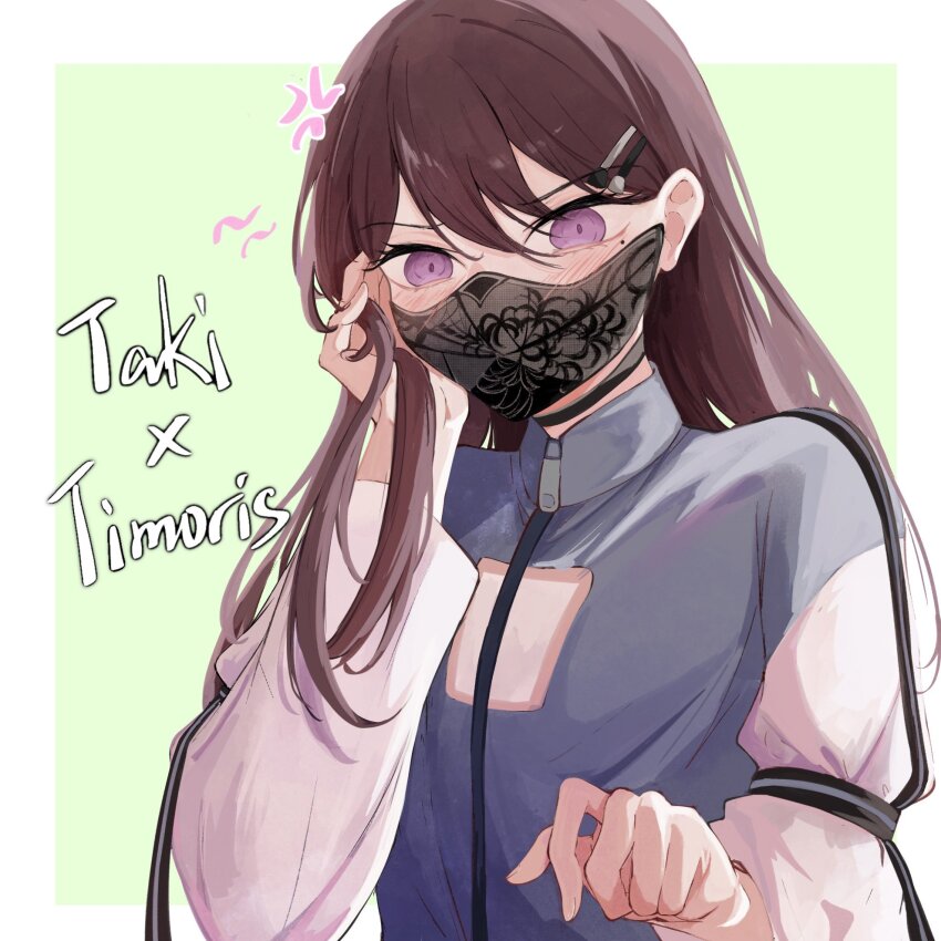 1girl bang_dream! bang_dream!_it&#039;s_mygo!!!!! blue_jacket blush border borrowed_accessory brown_hair character_name commentary_request embarrassed hair_ornament hairclip hand_on_own_cheek hand_on_own_face highres jacket long_hair long_sleeves lucky_chicken purple_eyes shiina_taki solo timoris_(bang_dream!) upper_body white_border yahata_umiri zipper_pull_tab