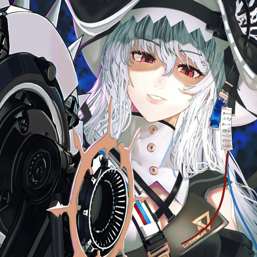 1girl arknights circular_saw hair_between_eyes hat highres i-pan lapels long_hair looking_at_viewer parted_lips red_eyes saw smile solo specter_(arknights) specter_the_unchained_(arknights) white_hair