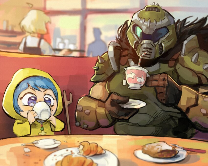 1boy 1girl animal_print armor bead_necklace beads blue_eyes blue_hair blurry blurry_background character_print chloraide commentary croissant cross crossover cup daisy_(doom) doom:_the_dark_ages doom_(series) doomguy drinking_straw english_commentary food green_armor grey_visor helmet highres holding holding_cup holding_saucer hood hood_up indoors jewelry jubilee_2025 latin_cross luce_(jubilee_2025) necklace praetor_suit print_cup rabbit_print raincoat restaurant rosary saucer sitting space_marine table teacup v-shaped_eyebrows window yellow_raincoat