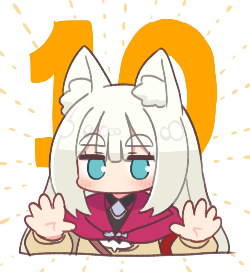 1girl 7th_dragon_(series) 7th_dragon_2020 7th_dragon_2020-ii animal_ear_fluff blue_eyes brown_shirt cape chitrine_(7th_dragon) cropped_torso highres long_hair long_sleeves looking_at_viewer lucier_(7th_dragon) naga_u no_mouth purple_cape shirt solo thick_eyebrows upper_body white_background white_hair