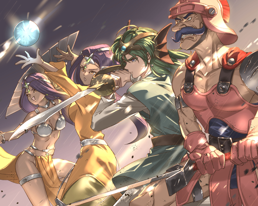 2boys 2girls :o aqua_tunic armlet armor arms_up asymmetrical_dress bikini_armor blue_eyes blue_hair bracelet breasts brown_eyes cape circlet cleavage clenched_teeth commission cuirass curtained_hair dancer dark-skinned_female dark_skin dragon_quest dragon_quest_iv dress earrings facial_hair fighting_stance floating floating_object folding_fan forehead_jewel gem gloves glowing green_gemstone green_hair green_tunic hand_fan hands_up helmet hero_(dq4) holding holding_fan jewelry loincloth long_hair long_mustache long_sleeves makuramuika manya_(dq4) medium_hair metal_belt metal_bra minea_(dq4) multiple_boys multiple_bracelets multiple_girls muscular muscular_male mustache navel necklace open_mouth orange_dress orb parted_bangs pelvic_curtain pink_armor pink_gloves pink_helmet pixiv_commission plume purple_hair red_cape ryan_(dq4) siblings silver_armlet single_sleeve sisters smile sword teeth tessen thighlet tunic v-shaped_eyebrows war_fan weapon white_sleeves wide_sleeves