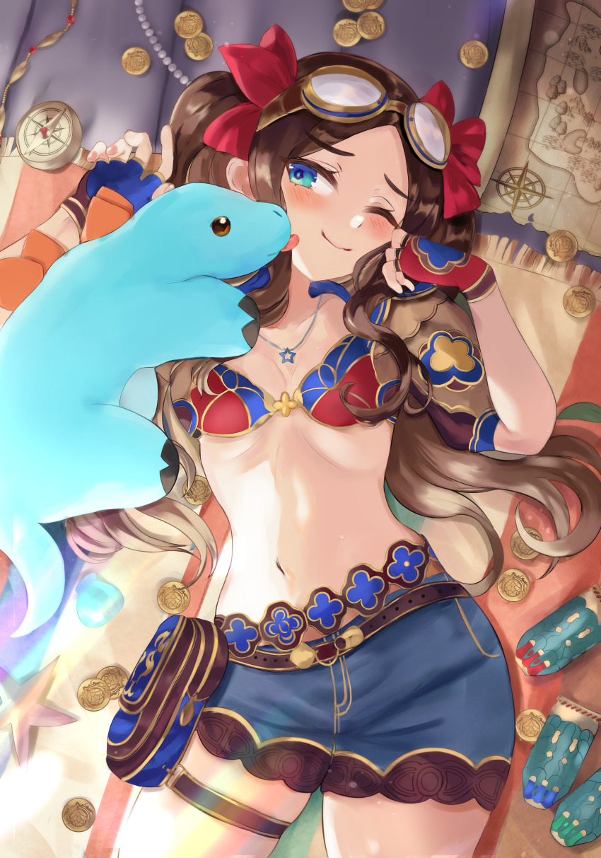 1girl absurdres bikini bikini_top_only blue_eyes blue_shorts blush breasts brown_gloves brown_hair collarbone fate/grand_order fate_(series) fingerless_gloves forehead gloves goggles hair_ribbon highres jewelry klash leonardo_da_vinci_(fate) leonardo_da_vinci_(fate/grand_order) leonardo_da_vinci_(rider)_(fate) leonardo_da_vinci_(swimsuit_ruler)_(fate) long_hair navel necklace parted_bangs puffy_short_sleeves puffy_sleeves red_bikini red_ribbon ribbon short_shorts short_sleeves shorts shrug_(clothing) sidelocks small_breasts smile ste-kun_(fate) stegosaurus swimsuit thighs twintails