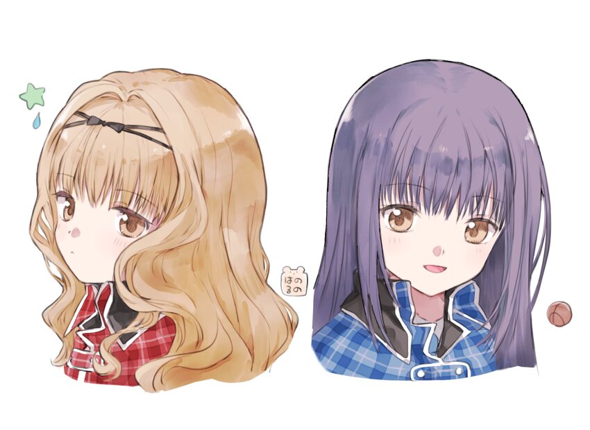2girls artist_name blue_shirt blush brown_eyes brown_hair character_request closed_mouth collared_shirt commentary_request copyright_request cropped_shoulders hano_luno highres long_hair looking_at_viewer multiple_girls open_mouth plaid_clothes plaid_shirt purple_hair red_shirt shirt simple_background smile star_(symbol) white_background wing_collar