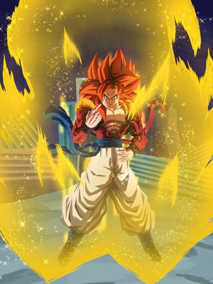 1boy abs aura black_vest blue_sash body_fur brown_fur brown_tail commentary_request cropped_shirt dragon_ball dragon_ball_gt dragon_ball_z_dokkan_battle gogeta highres long_hair looking_at_viewer male_focus metamoran_vest monkey_tail multiple_boys muscular muscular_male no_shirt open_clothes open_vest outdoors pants pectorals red_hair sash solo spiked_hair standing super_saiyan super_saiyan_4 tail urotakanata02 vest white_pants