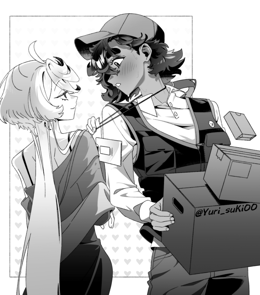 2girls baseball_cap blush box bra_strap closed_mouth collared_shirt commentary_request contemporary curly_hair delivery earrings greyscale gundam gundam_suisei_no_majo hat heart highres holding holding_box hots_(gundam_suisei_no_majo) id_card jewelry lanyard looking_at_another miorine_rembran monochrome multiple_girls off_shoulder shirt smile suletta_mercury sweat thick_eyebrows vest yuri yurisuki00