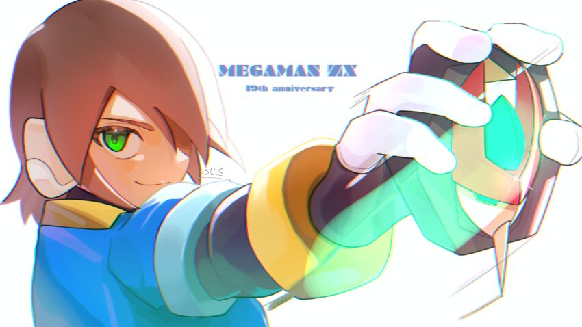 1girl absurdres aile_(mega_man_zx) anniversary biometal blue_jacket brown_hair copyright_name english_text glint glowing green_eyes henshin_pose highres holding jacket light_trail mega_man_(series) mega_man_zx model_z_(mega_man) partially_shaded_face robot_ears sasaki_(ssk8083) simple_background smirk solo_focus upper_body white_background
