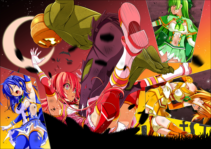 1boy 4girls absurdres abuse attack back_bow bat_(animal) battle beaten blue_dress blue_hair blue_hairband boots bow breasts bruise bruise_on_arm bruise_on_face bruise_on_leg bruise_on_stomach capelet choppy_bangs clenched_teeth closed_eyes clover clover_cobalt clover_leaf clover_mari clover_rose colored_skin constricted_pupils dark_blue_hair defeat detached_sleeves dirty dirty_clothes dirty_face dress fainted fighting four-leaf_clover gloves glowing glowing_eyes grass grave graveyard green_capelet green_dress green_hair green_hairband green_skin hair_between_eyes hairband halloween hands_on_own_hips hasumi_ren_(clover_rose) highres injury jack-o&#039;-lantern jack-o&#039;-lantern_head kicking koeda0111 lace lace-trimmed_dress lace_trim large_bow long_hair lying magical_girl medium_breasts medium_hair moon multicolored_dress multicolored_skirt multiple_girls multiple_views muscular muscular_male navel night night_sky on_back on_grass on_ground on_side open_mouth orange_dress orange_hairband orange_thighhighs outdoors pain panties pants pantyshot peril pink_dress pink_eyes pink_hair pumpkin red_hairband ryona saliva scratches shimono_aoi short_dress skirt sky sleeveless sleeveless_dress slim_legs small_breasts star_(sky) starry_sky stomach_kick strapless strapless_dress teeth tendou_erika thighhighs tombstone topless_male torn torn_capelet torn_clothes torn_pants torn_skirt torn_thighhighs tube_dress unconscious underwear utsugi_chisaki violence white_panties wide-eyed yotsuba_no_senki_clover_rose zettai_ryouiki