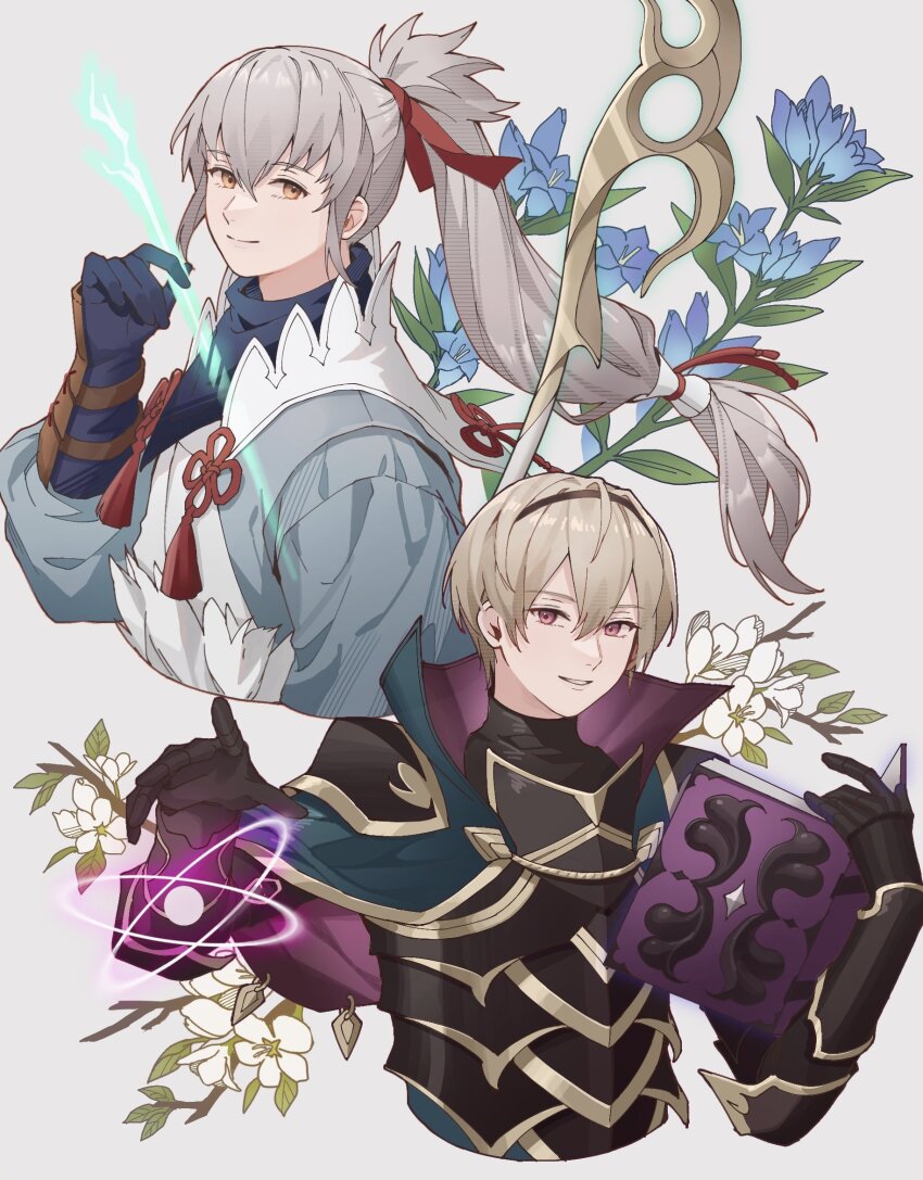 2boys ai_tkkm armor arrow_(projectile) black_armor black_capelet black_gloves blonde_hair blue_flower blue_gloves book bow_(weapon) breastplate brown_eyes capelet commentary cropped_torso fire_emblem fire_emblem_fates floating_hair floral_background flower gentiana_(flower) gloves gold_trim grey_background grey_hair grin hair_between_eyes hair_ribbon highres holding holding_arrow holding_book holding_bow_(weapon) holding_weapon japanese_clothes leo_(fire_emblem_fates) long_hair magic male_focus multiple_boys nintendo open_book ponytail purple_eyes red_ribbon ribbon short_hair simple_background smile takumi_(fire_emblem) tiara weapon white_flower